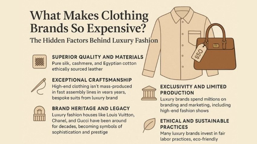 Infographic titled “What Makes Clothing Brands So Expensive? The Hidden Factors Behind Luxury Fashion.” It visually explains why luxury clothing costs more, featuring icons and text for key factors such as superior quality and materials, exceptional craftsmanship, brand heritage and legacy, exclusivity and limited production, and ethical and sustainable practices. The design includes minimalist illustrations of a beige shirt and a brown designer handbag with a price tag, symbolizing the contrast between luxury and affordable fashion. The layout is horizontal with a neutral beige background and elegant typography.