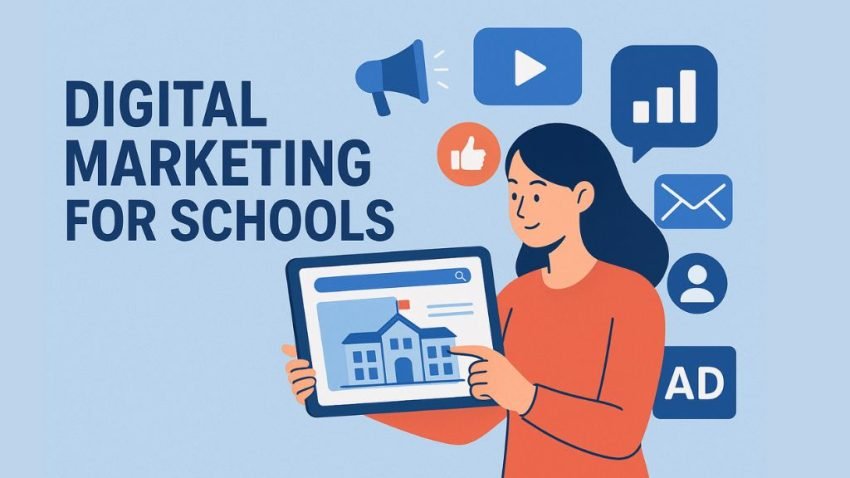 Illustration of digital marketing for schools showing a woman using a tablet with school website, surrounded by icons for social media, email, ads, and analytics, representing online promotion strategies for educational institutions.