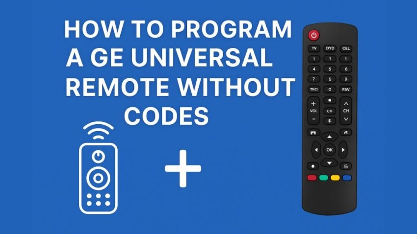 Blue instructional graphic showing a GE universal remote control and an icon of a wireless remote, with text that reads 'How to Program a GE Universal Remote Without Codes