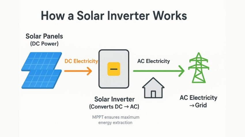 Infographic titled “How a Solar Inverter Works.” It shows solar panels on the left labeled “Solar Panels (DC Power)” sending orange arrows labeled “DC Electricity” to a central gray box labeled “Solar Inverter (Converts DC → AC).” Green arrows labeled “AC Electricity” flow from the inverter to a house icon and a power grid tower on the right, labeled “AC Electricity → Grid.” A small note under the inverter reads “MPPT ensures maximum energy extraction.” The design uses flat icons on a light background with blue, orange, green, and yellow accents.