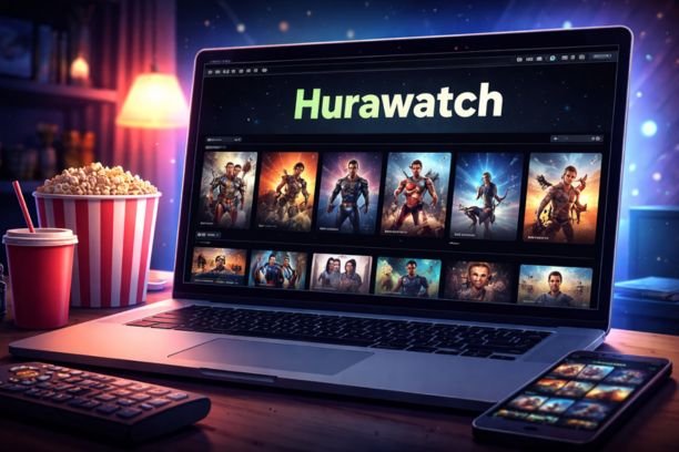 Laptop displaying a free movie and TV show streaming website interface with cinematic visuals, popcorn, remote, and smartphone, representing online video streaming and digital entertainment.