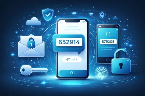 One-time password authentication displayed on smartphones with lock and security icons for safe online login
