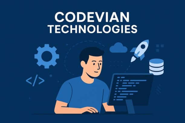 Illustration of a software developer working on code at a computer, surrounded by icons representing cloud computing, databases, automation, and software development, symbolizing modern IT services and digital solutions.