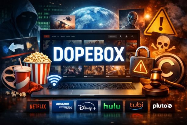 Illustration of a laptop streaming movies labeled DopeBox, surrounded by film icons, security warning symbols, and legal streaming platform logos, representing online movie streaming risks and alternatives.
