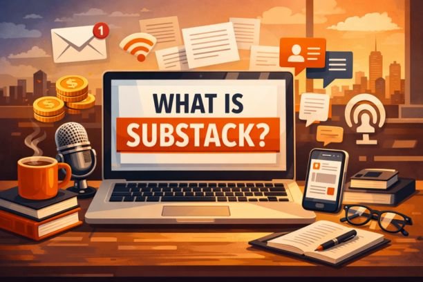 Illustration showing a laptop with a newsletter interface representing Substack, surrounded by email icons, podcast symbols, coins, books, and a microphone, symbolizing independent writing, paid newsletters, and content monetization.