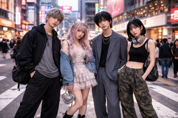Modern Tokyo street fashion in 2026 featuring stylish young adults wearing gender-neutral outfits, fairy-grunge details, oversized tailoring, and contemporary streetwear in a neon-lit Shibuya setting