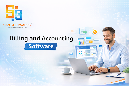 Man using laptop with billing and accounting software dashboard, charts, and financial data on screen in a modern office setting