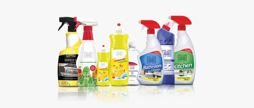Private brand label household cleaning products including kitchen cleaner, bathroom cleaner, dishwashing liquid, hand sanitizer, and oven cleaner bottles with customizable branding.