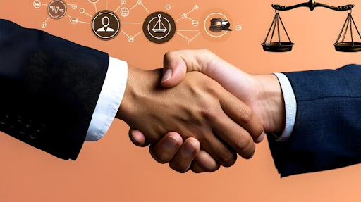 Business professionals shaking hands with legal in dallasand justice symbols in the background, representing agreements and legal services