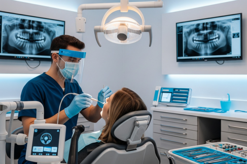 Emergency dentist treating a patient in a modern dental clinic with digital X-rays and advanced dental equipment